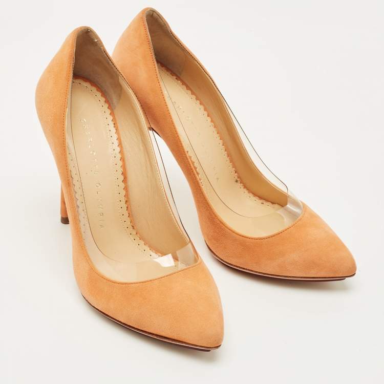 Pre Owned Charlotte Olympia Orange Suede and PVC Dolly Pointed Toe Pumps Size 36.5