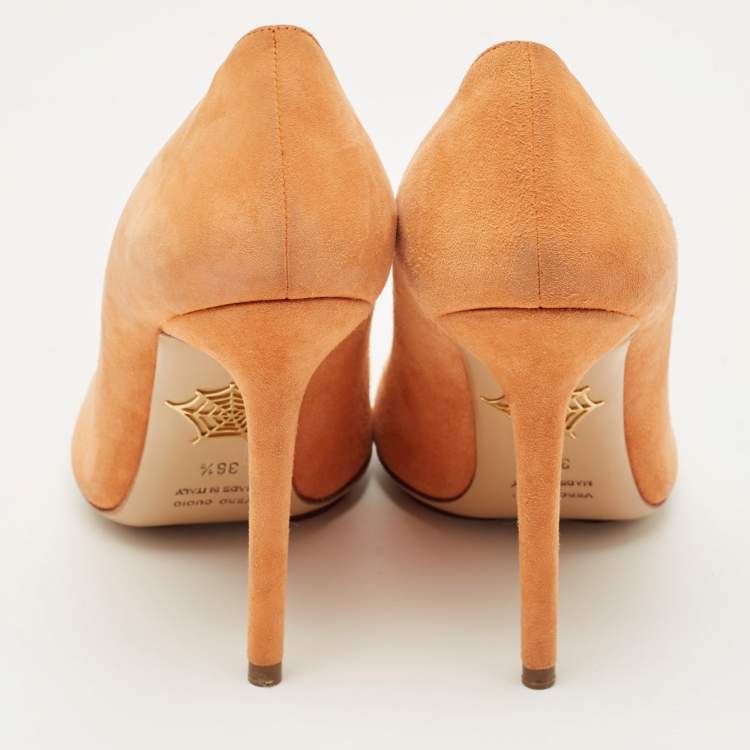 Pre Owned Charlotte Olympia Orange Suede and PVC Dolly Pointed Toe Pumps Size 36.5