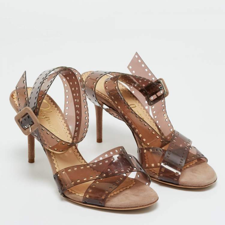 Pre Owned Charlotte Olympia Brown PVC and Suede Take 85 Film Strap Sandals Size 36.5