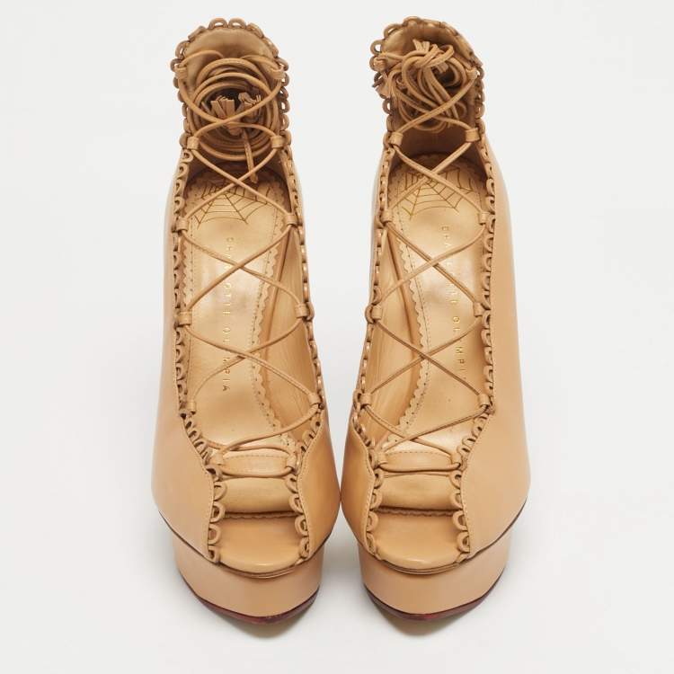 Pre Owned Charlotte Olympia Beige Leather Paloma Platform Pumps Size 40.5