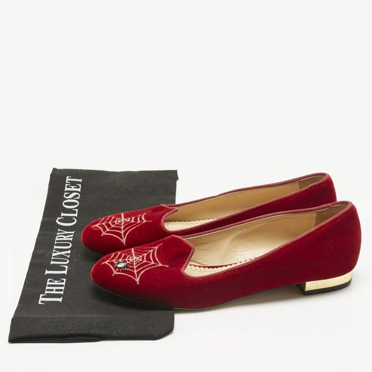 Pre Owned Charlotte Olympia Red Velvet Spider Ballet Flats Size 38