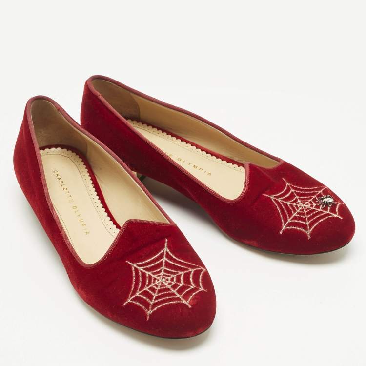 Pre Owned Charlotte Olympia Red Velvet Spider Ballet Flats Size 38