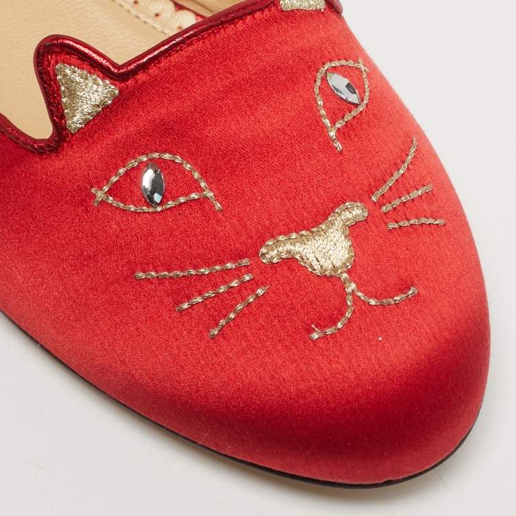 Pre Owned Charlotte Olympia Red Satin Cheeky Kitty Ballet Flats Size 38