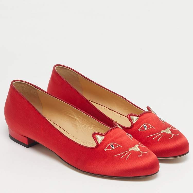 Pre Owned Charlotte Olympia Red Satin Cheeky Kitty Ballet Flats Size 38