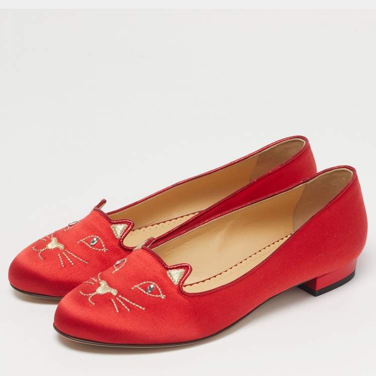 Pre Owned Charlotte Olympia Red Satin Cheeky Kitty Ballet Flats Size 38
