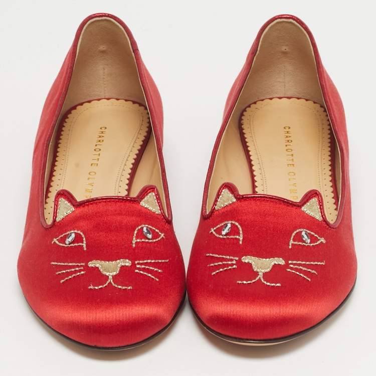Pre Owned Charlotte Olympia Red Satin Cheeky Kitty Ballet Flats Size 38