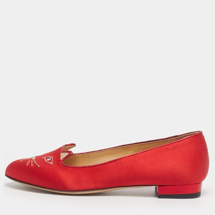 Pre Owned Charlotte Olympia Red Satin Cheeky Kitty Ballet Flats Size 38