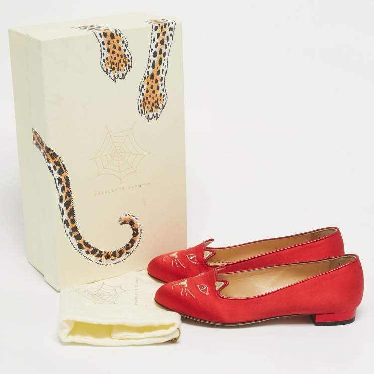 Pre Owned Charlotte Olympia Red Satin Cheeky Kitty Ballet Flats Size 38
