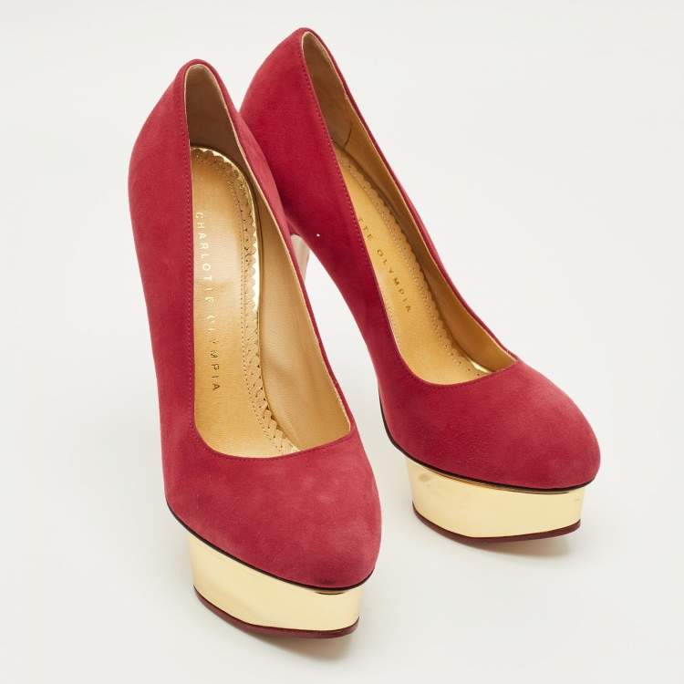 Pre Owned Charlotte Olympia Red Suede Dolly Platform Pumps Size 37