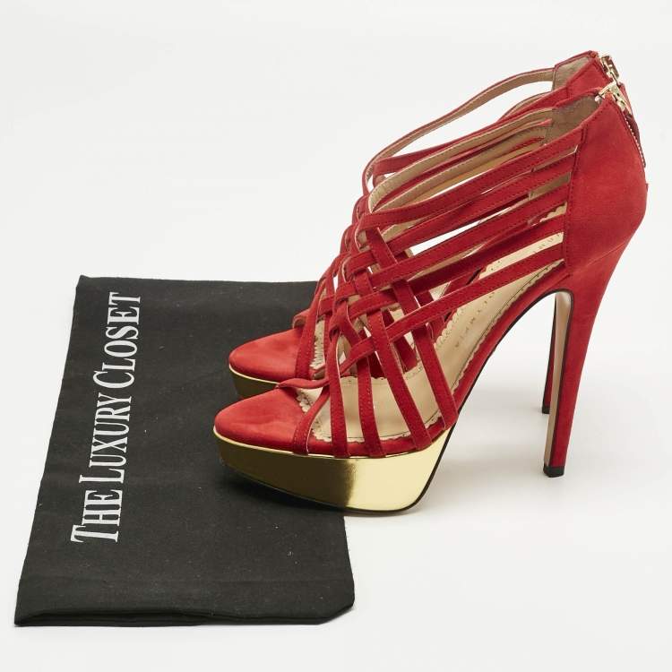 Pre Owned Charlotte Olympia Red Suede Strappy Platform Sandals Size 36.5