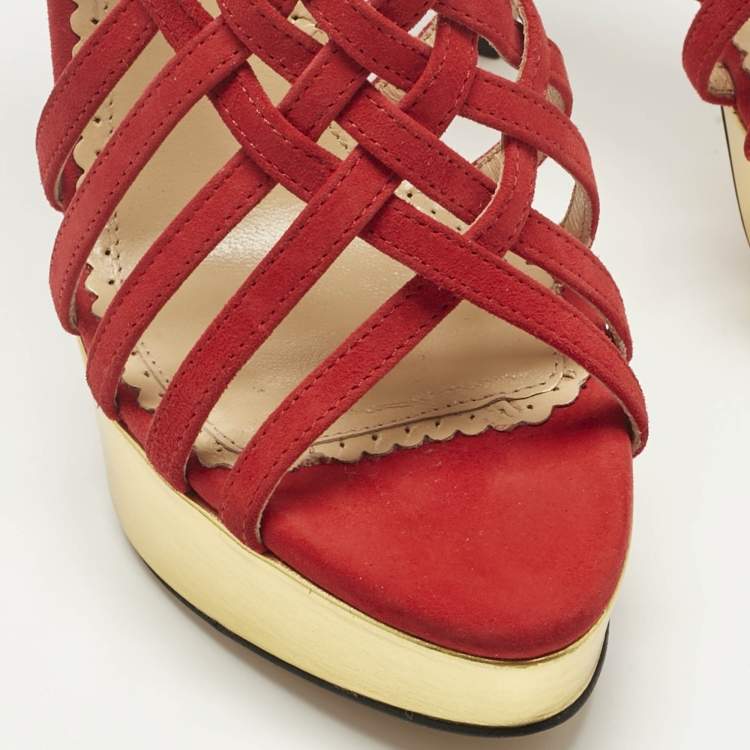 Pre Owned Charlotte Olympia Red Suede Strappy Platform Sandals Size 36.5