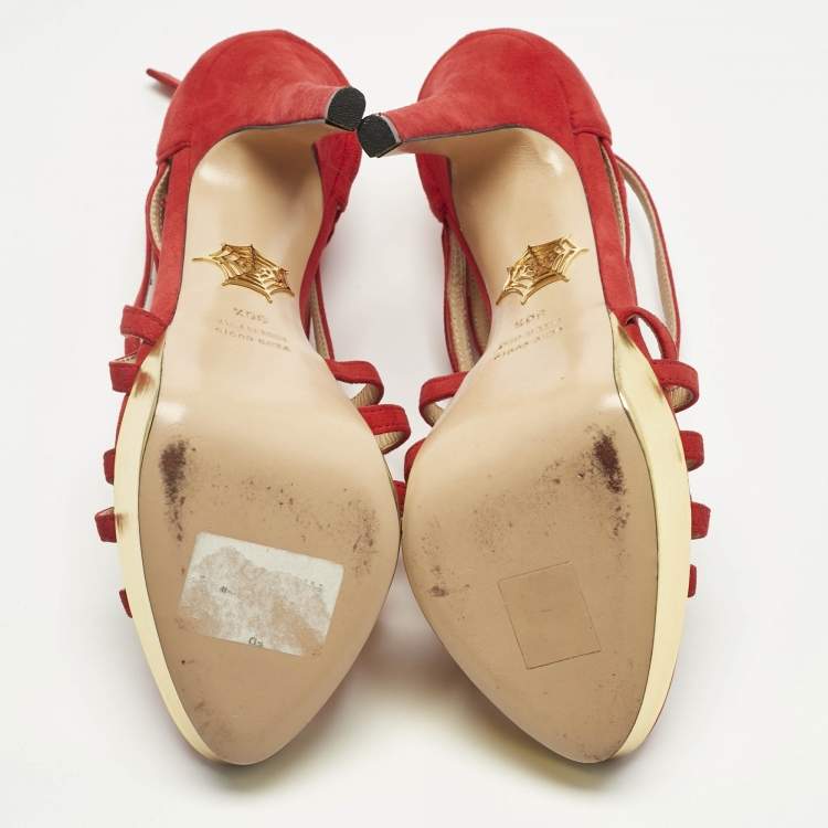 Pre Owned Charlotte Olympia Red Suede Strappy Platform Sandals Size 36.5