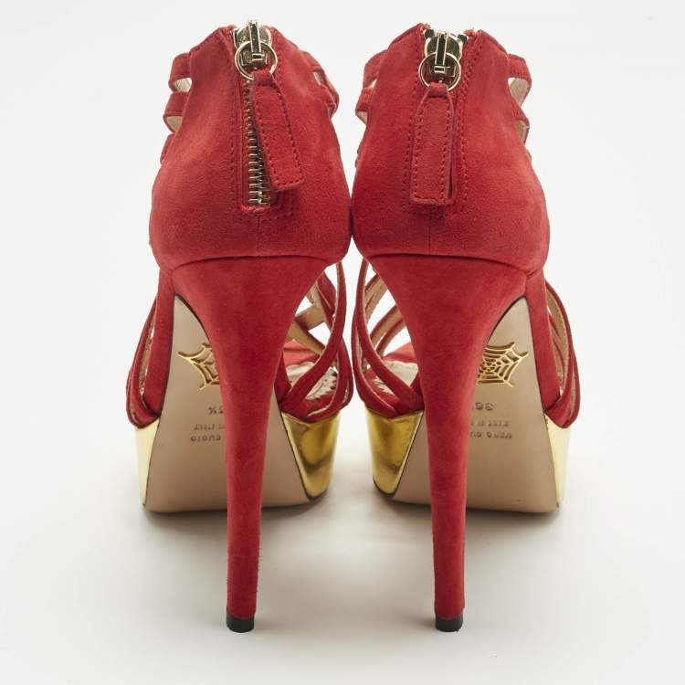 Pre Owned Charlotte Olympia Red Suede Strappy Platform Sandals Size 36.5