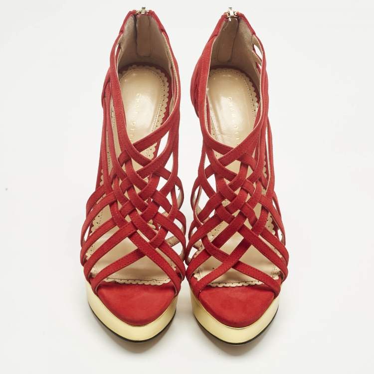 Pre Owned Charlotte Olympia Red Suede Strappy Platform Sandals Size 36.5
