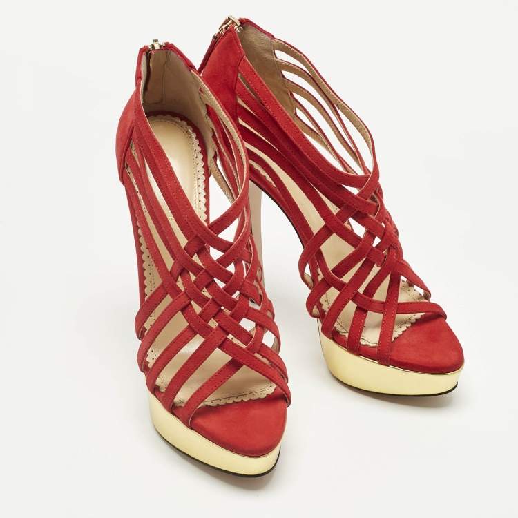 Pre Owned Charlotte Olympia Red Suede Strappy Platform Sandals Size 36.5