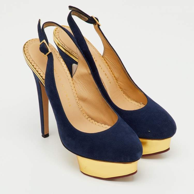 Pre Owned Charlotte Olympia Blue Suede Dolly Slingback Platform Pumps Size 36.5