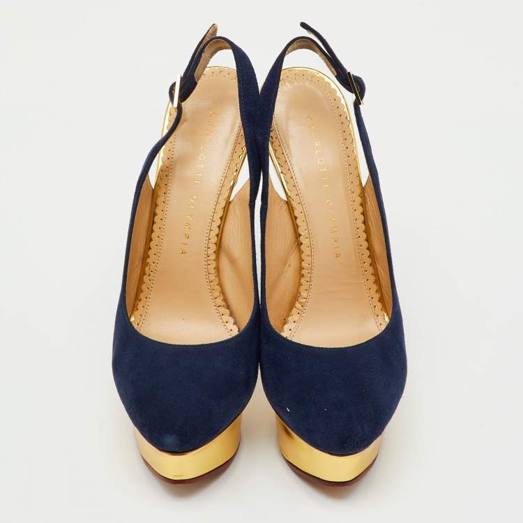 Pre Owned Charlotte Olympia Blue Suede Dolly Slingback Platform Pumps Size 36.5