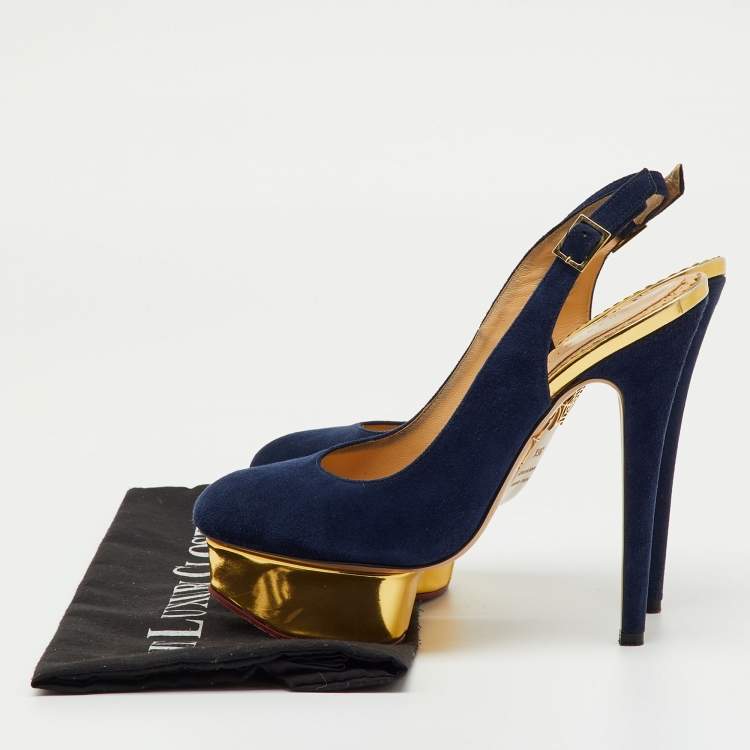 Pre Owned Charlotte Olympia Blue Suede Dolly Slingback Platform Pumps Size 36.5