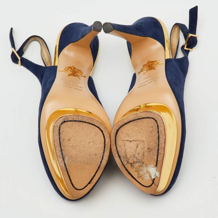 Pre Owned Charlotte Olympia Blue Suede Dolly Slingback Platform Pumps Size 36.5