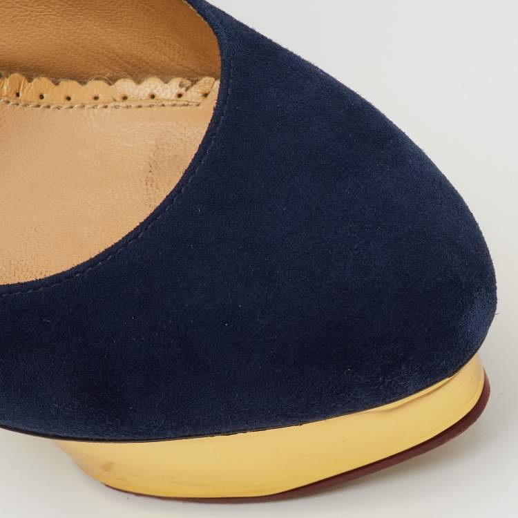 Pre Owned Charlotte Olympia Blue Suede Dolly Slingback Platform Pumps Size 36.5