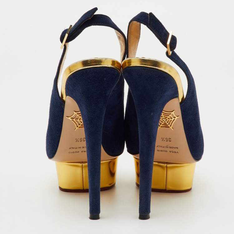 Pre Owned Charlotte Olympia Blue Suede Dolly Slingback Platform Pumps Size 36.5