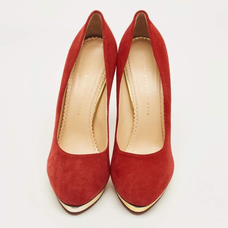 Pre Owned Charlotte Olympia Red Suede Dolly Platform Pumps Size 40.5