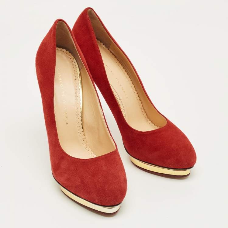 Pre Owned Charlotte Olympia Red Suede Dolly Platform Pumps Size 40.5