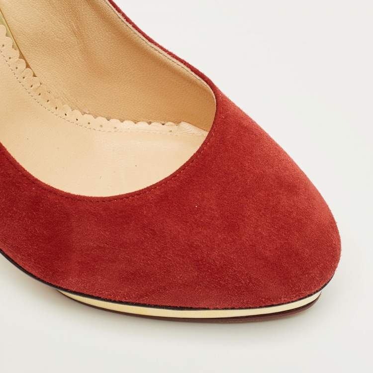 Pre Owned Charlotte Olympia Red Suede Dolly Platform Pumps Size 40.5
