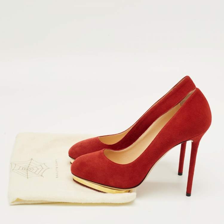 Pre Owned Charlotte Olympia Red Suede Dolly Platform Pumps Size 40.5