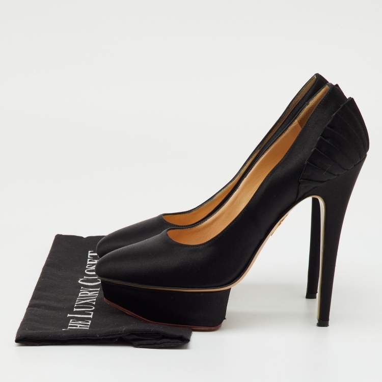 Pre Owned Charlotte Olympia Black Satin Dolly Platform Pumps Size 39
