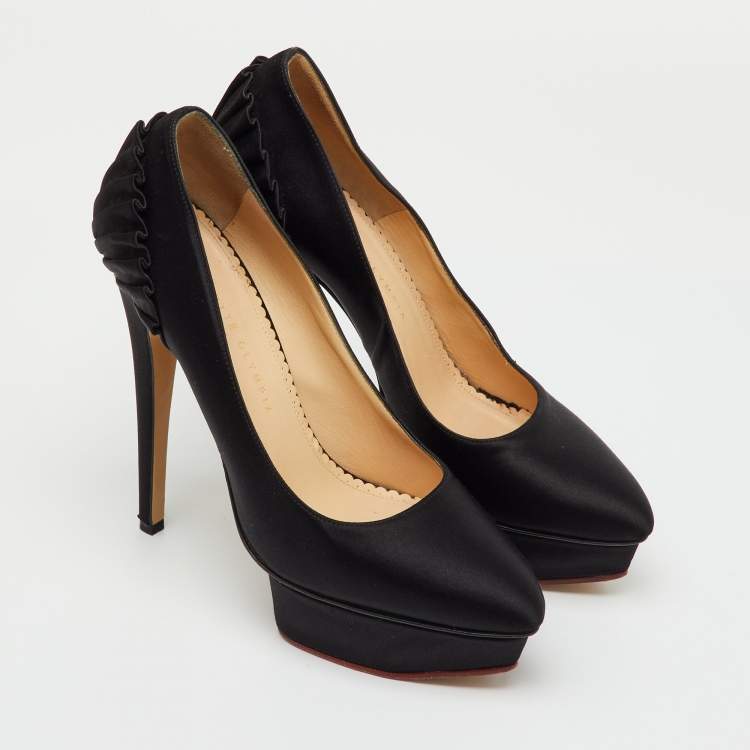 Pre Owned Charlotte Olympia Black Satin Dolly Platform Pumps Size 39