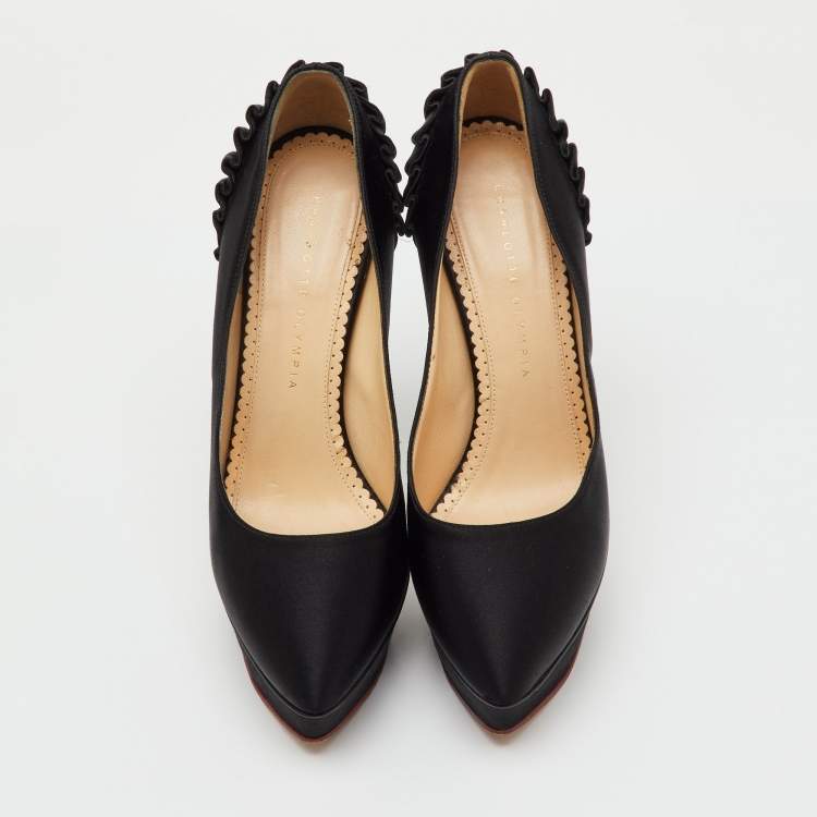 Pre Owned Charlotte Olympia Black Satin Dolly Platform Pumps Size 39