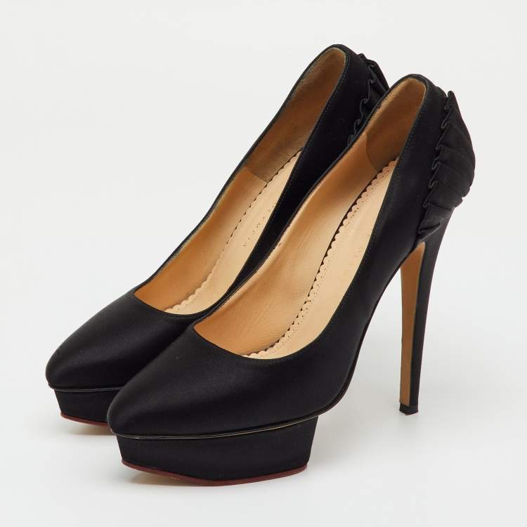 Pre Owned Charlotte Olympia Black Satin Dolly Platform Pumps Size 39