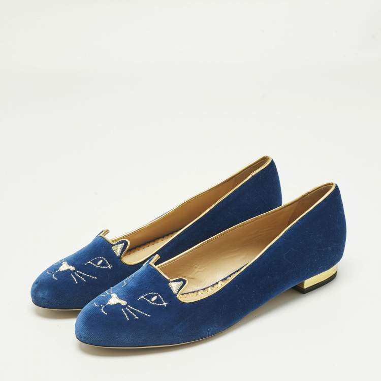 Pre Owned Charlotte Olympia Navy Blue Velvet Kitty Ballet Flats Size 40