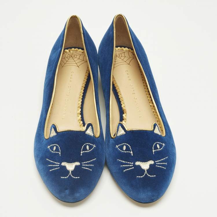 Pre Owned Charlotte Olympia Navy Blue Velvet Kitty Ballet Flats Size 40