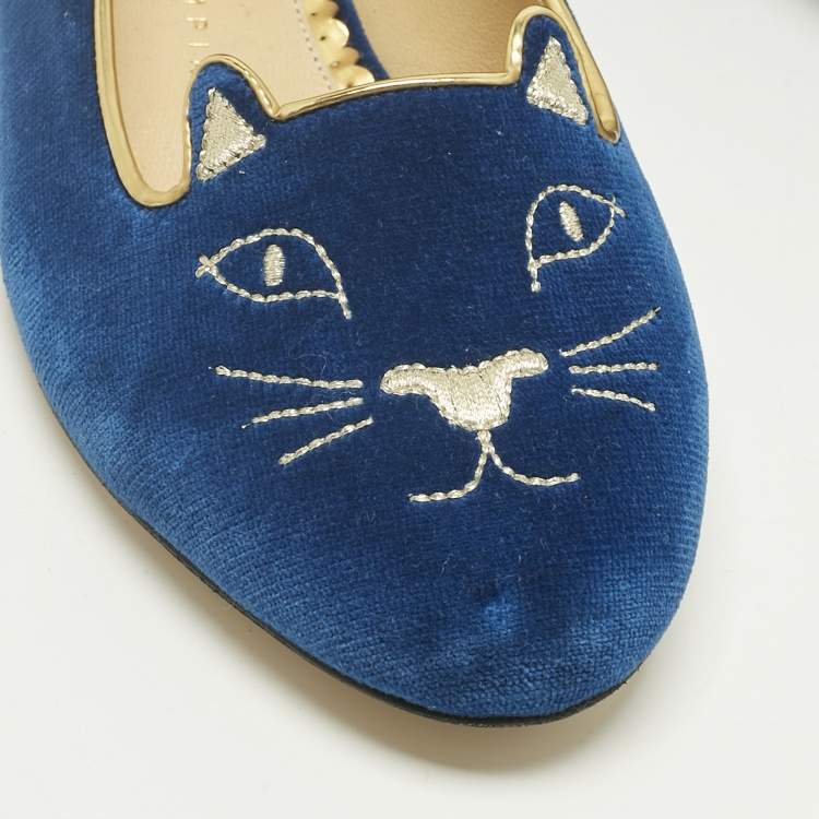 Pre Owned Charlotte Olympia Navy Blue Velvet Kitty Ballet Flats Size 40