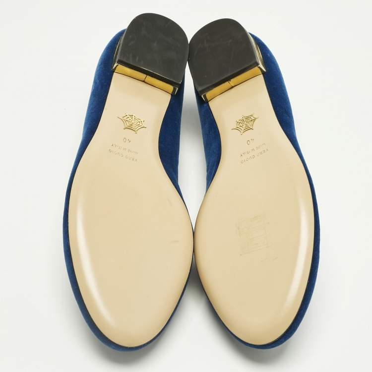 Pre Owned Charlotte Olympia Navy Blue Velvet Kitty Ballet Flats Size 40