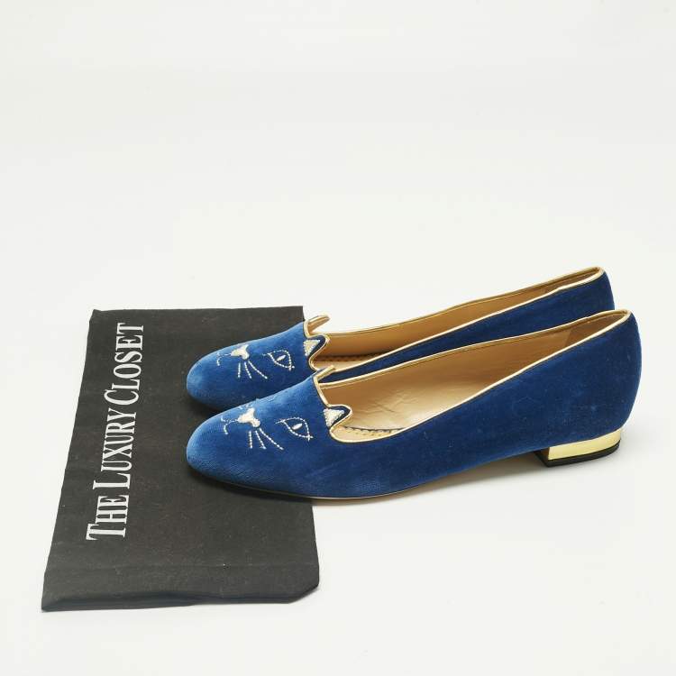 Pre Owned Charlotte Olympia Navy Blue Velvet Kitty Ballet Flats Size 40