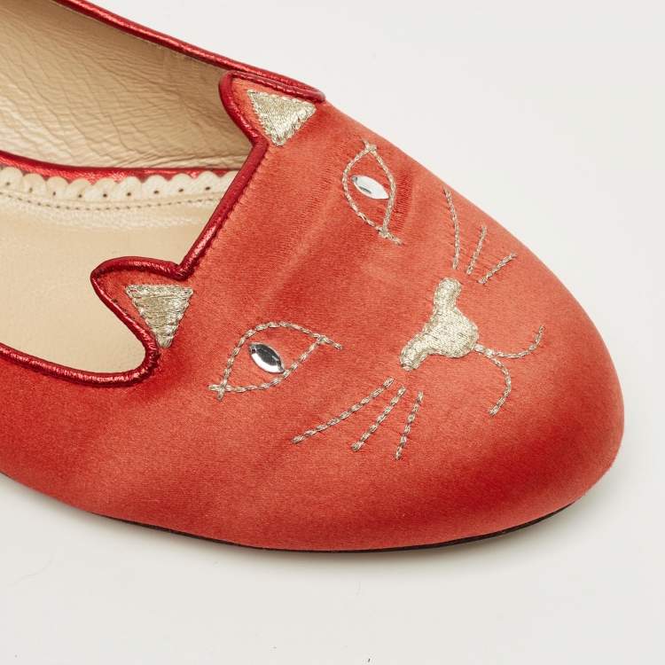 Pre Owned Charlotte Olympia Red Satin Cheeky Kitty Ballet Flats Size 40