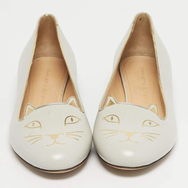 Pre Owned Charlotte Olympia Grey Leather Kitty Ballet Flats Size 40