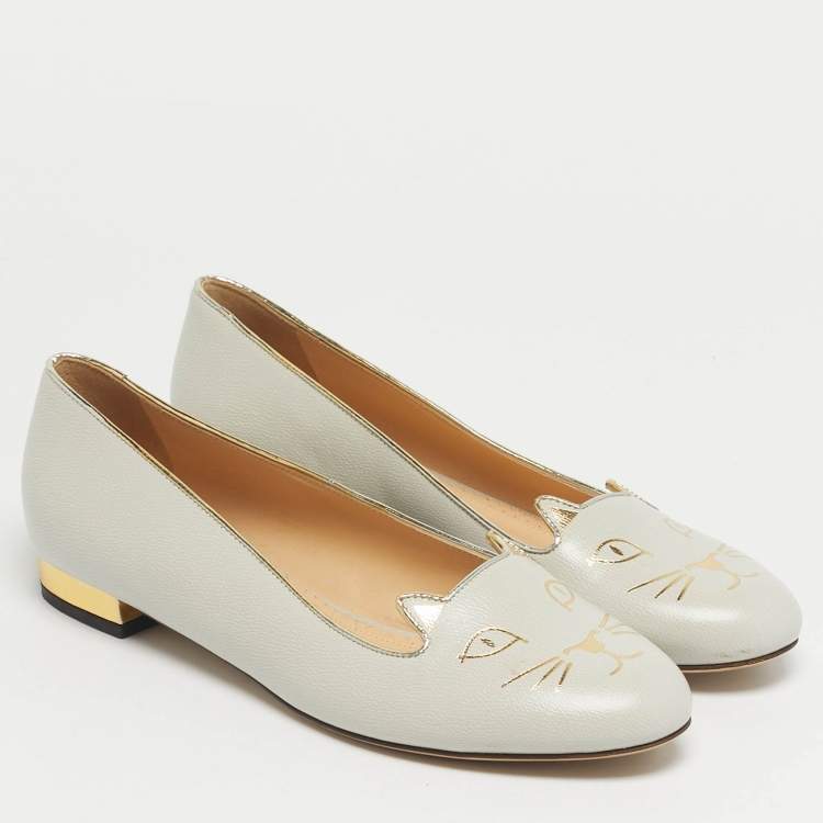 Pre Owned Charlotte Olympia Grey Leather Kitty Ballet Flats Size 40