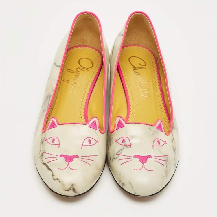 Pre Owned Charlotte Olympia Grey/Pink Leather Cheeky Kitty Smoking Slippers Size 40