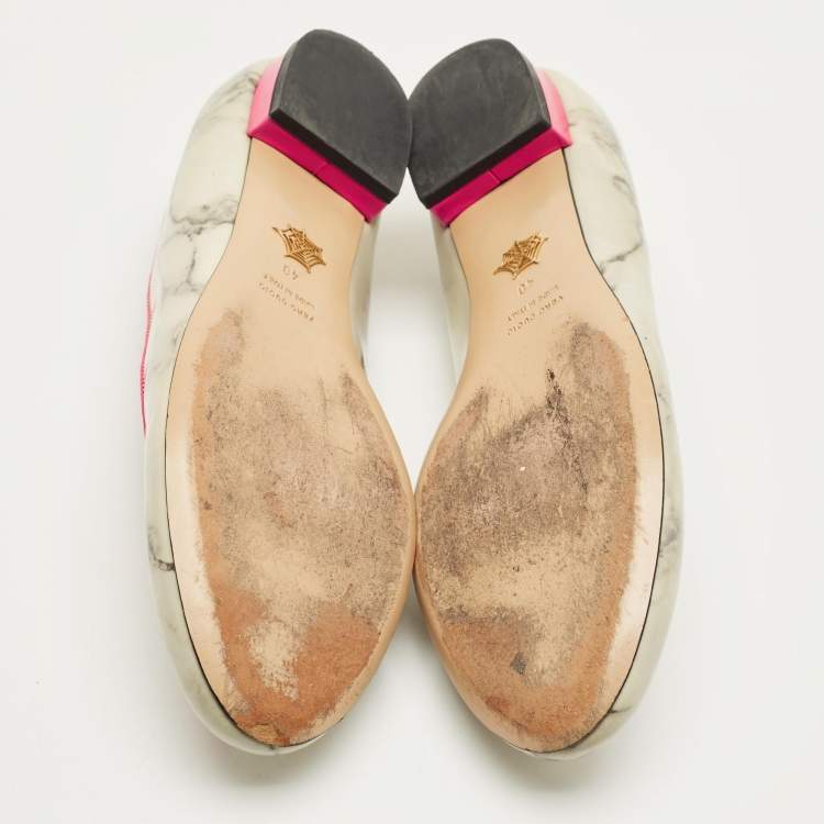 Pre Owned Charlotte Olympia Grey/Pink Leather Cheeky Kitty Smoking Slippers Size 40