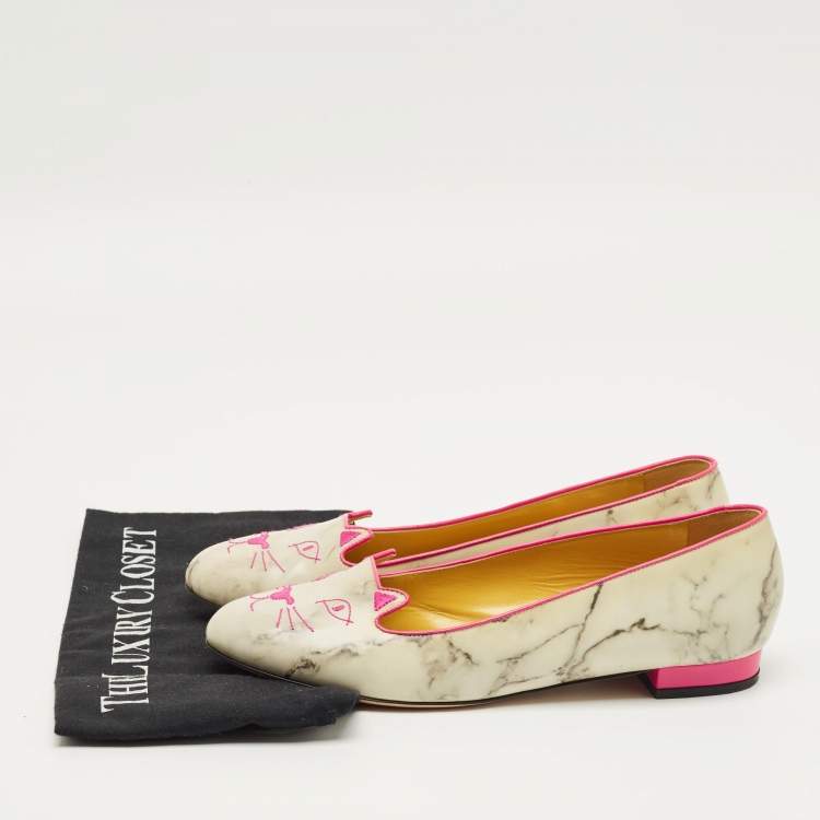 Pre Owned Charlotte Olympia Grey/Pink Leather Cheeky Kitty Smoking Slippers Size 40