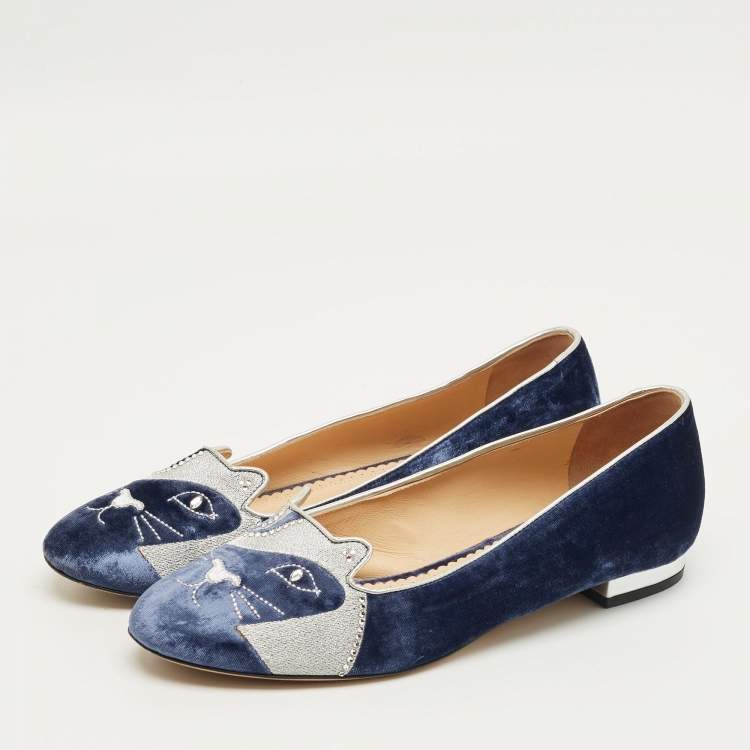 Pre Owned Charlotte Olympia Navy Blue/Grey Velvet Kitty Smoking Slippers Size 40