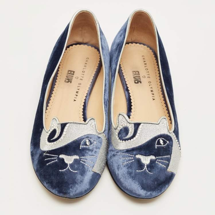 Pre Owned Charlotte Olympia Navy Blue/Grey Velvet Kitty Smoking Slippers Size 40