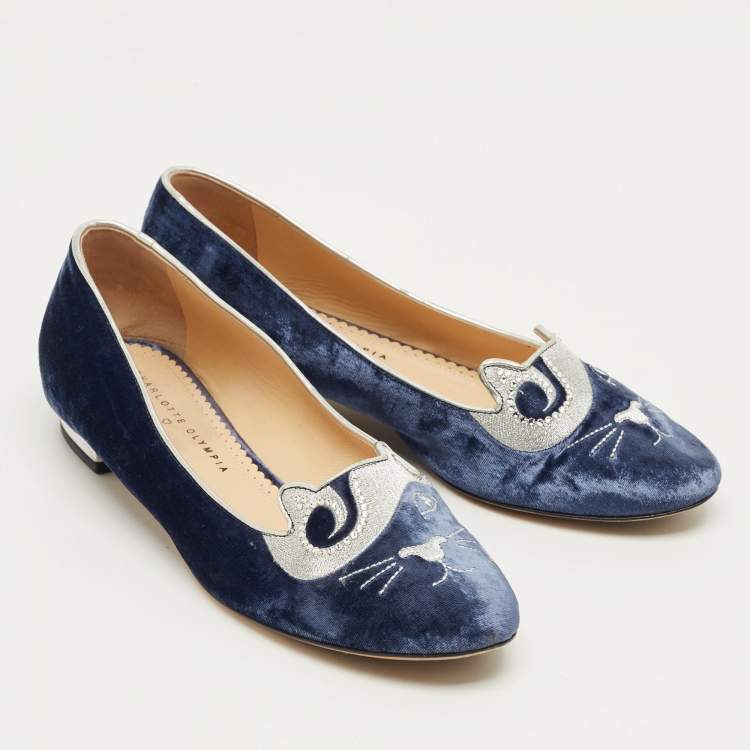 Pre Owned Charlotte Olympia Navy Blue/Grey Velvet Kitty Smoking Slippers Size 40