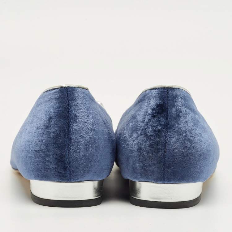 Pre Owned Charlotte Olympia Navy Blue/Grey Velvet Kitty Smoking Slippers Size 40