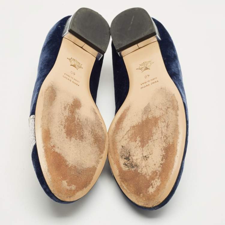 Pre Owned Charlotte Olympia Navy Blue/Grey Velvet Kitty Smoking Slippers Size 40