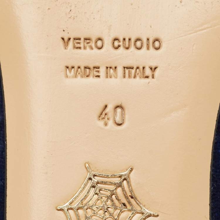 Pre Owned Charlotte Olympia Navy Blue/Grey Velvet Kitty Smoking Slippers Size 40